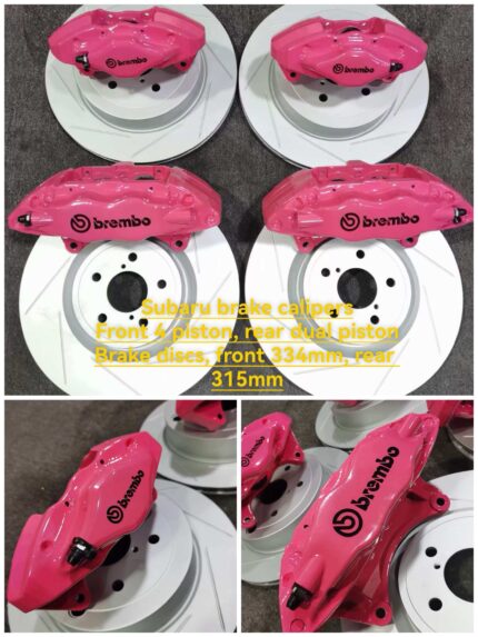 Subaru brake calipers Front 4 piston, rear dual piston Brake discs, front 334mm rear 315mm